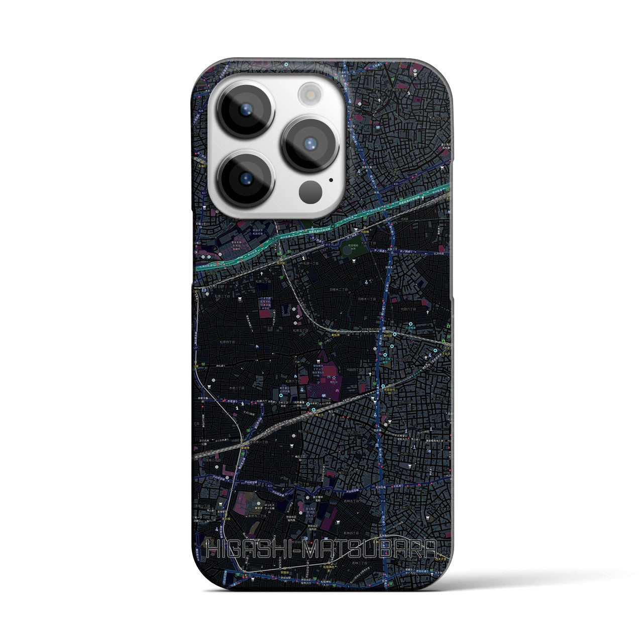 【東松原】地図柄iPhoneケース（バックカバータイプ・ブラック）iPhone 14 Pro 用