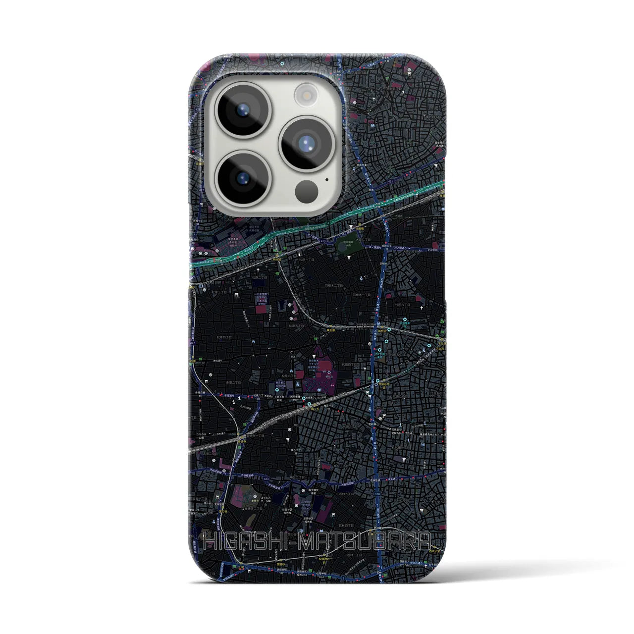 【東松原】地図柄iPhoneケース（バックカバータイプ・ブラック）iPhone 15 Pro 用