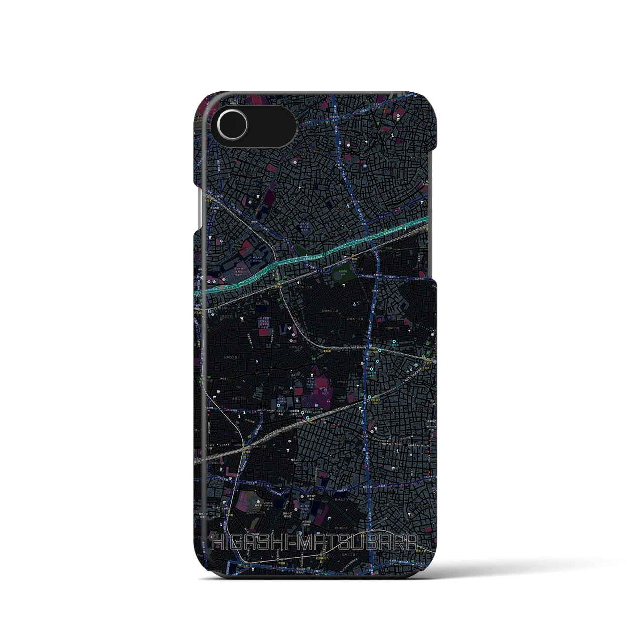 【東松原】地図柄iPhoneケース（バックカバータイプ・ブラック）iPhone SE（第3 / 第2世代） / 8 / 7 / 6s / 6 用