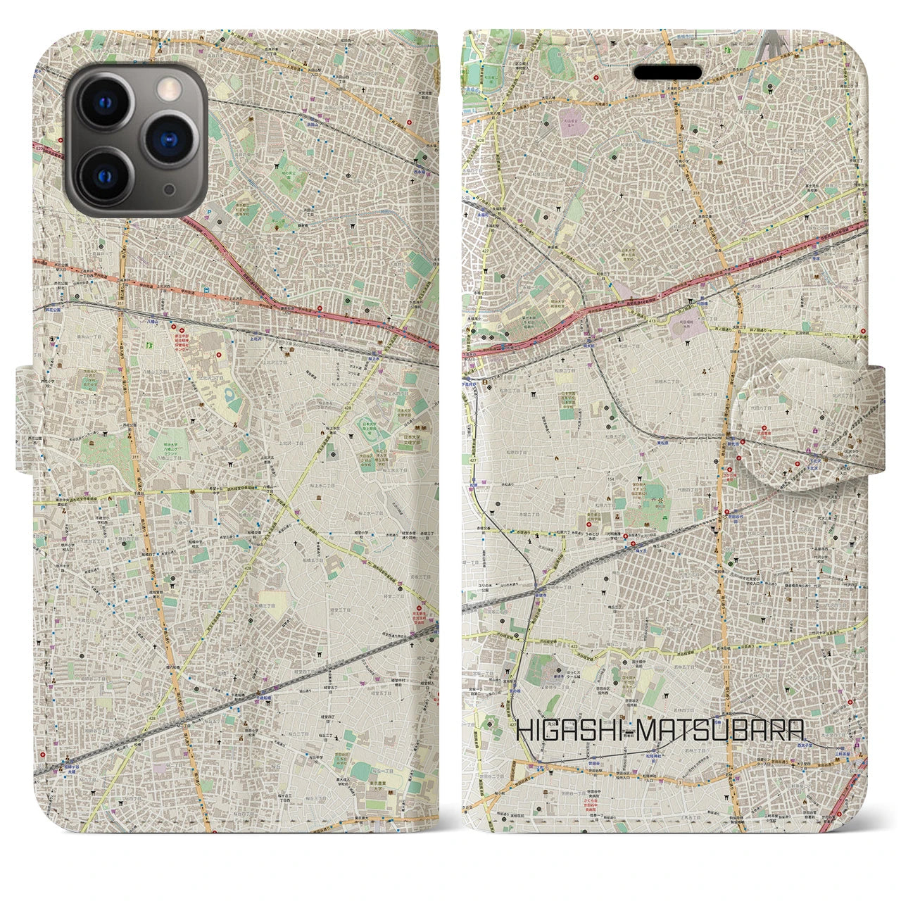 【東松原】地図柄iPhoneケース（手帳両面タイプ・ナチュラル）iPhone 11 Pro Max 用