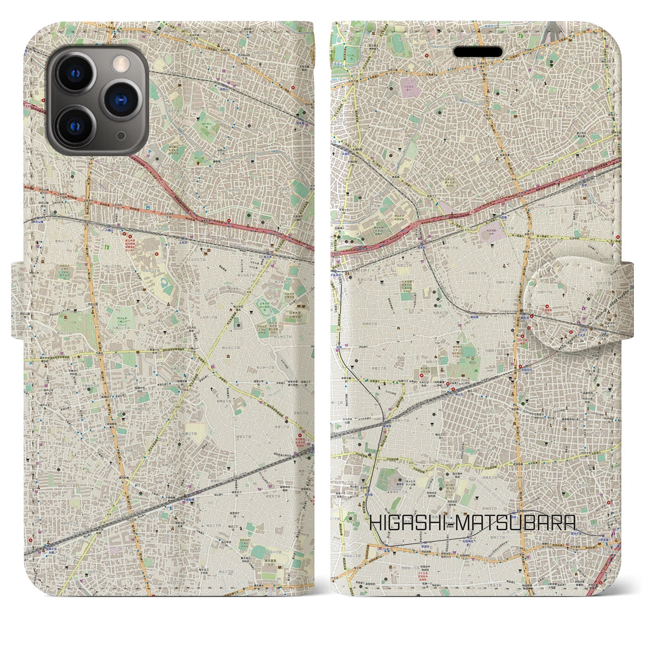 【東松原（東京都）】地図柄iPhoneケース（手帳タイプ）ナチュラル・iPhone 11 Pro Max 用