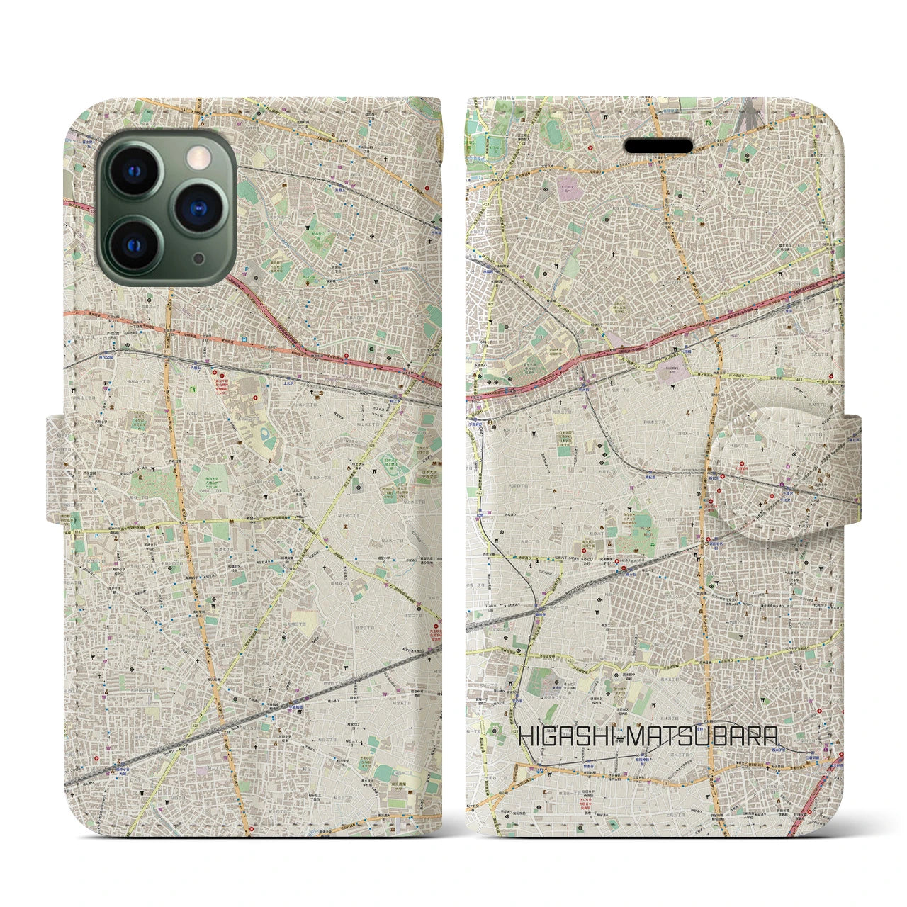 【東松原】地図柄iPhoneケース（手帳両面タイプ・ナチュラル）iPhone 11 Pro 用