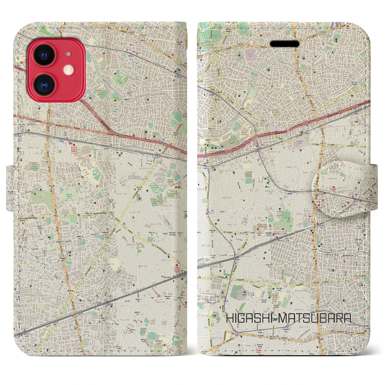 【東松原】地図柄iPhoneケース（手帳両面タイプ・ナチュラル）iPhone 11 用