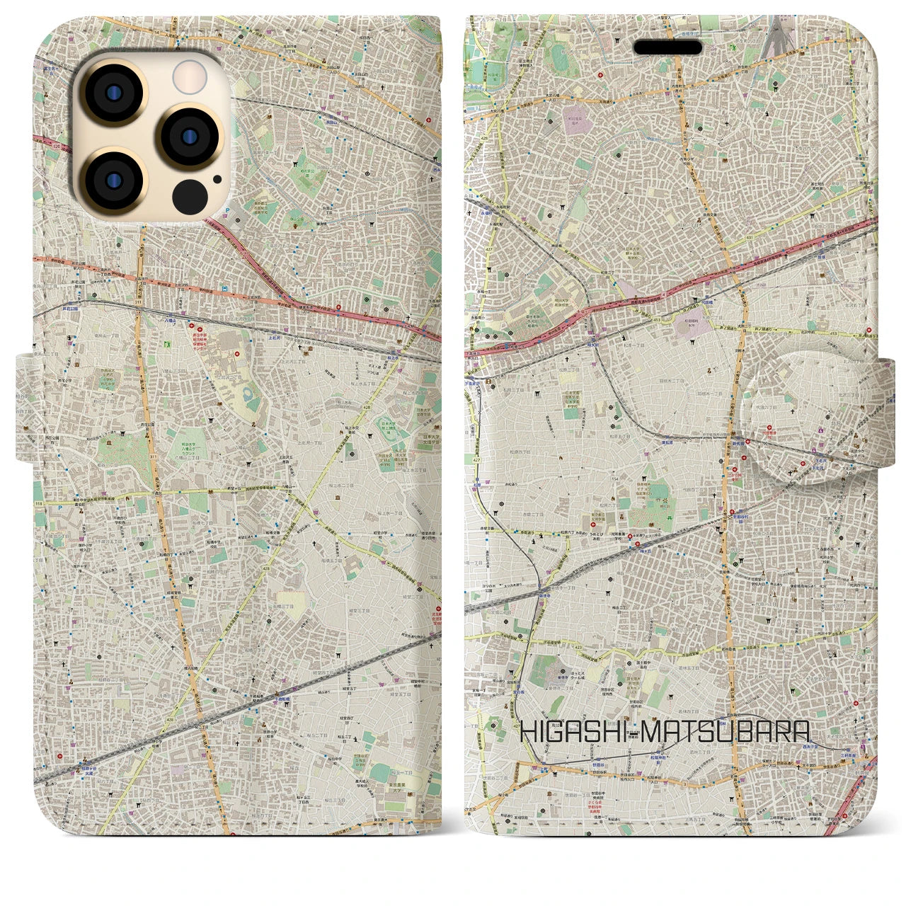 【東松原】地図柄iPhoneケース（手帳両面タイプ・ナチュラル）iPhone 12 Pro Max 用