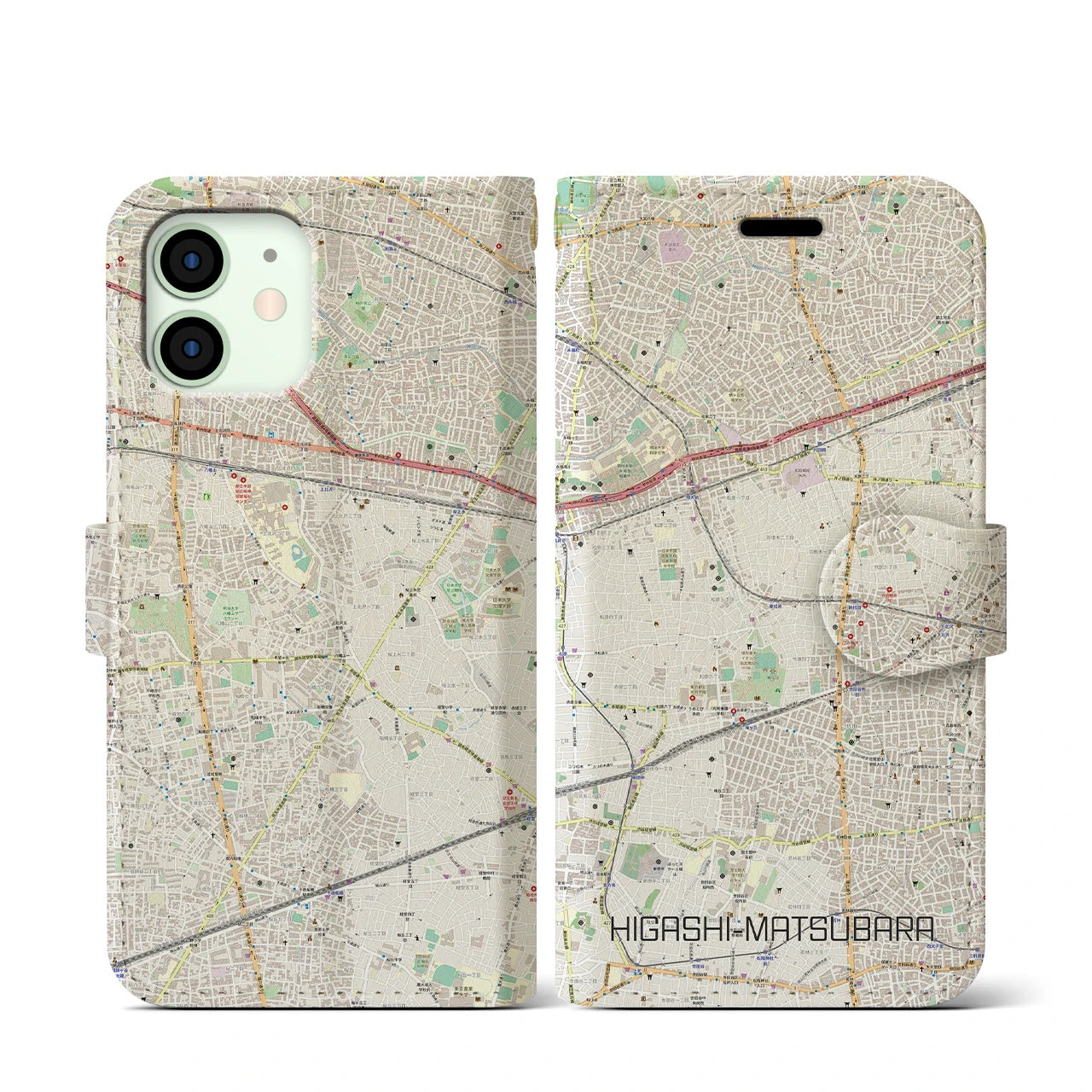 【東松原】地図柄iPhoneケース（手帳両面タイプ・ナチュラル）iPhone 12 mini 用