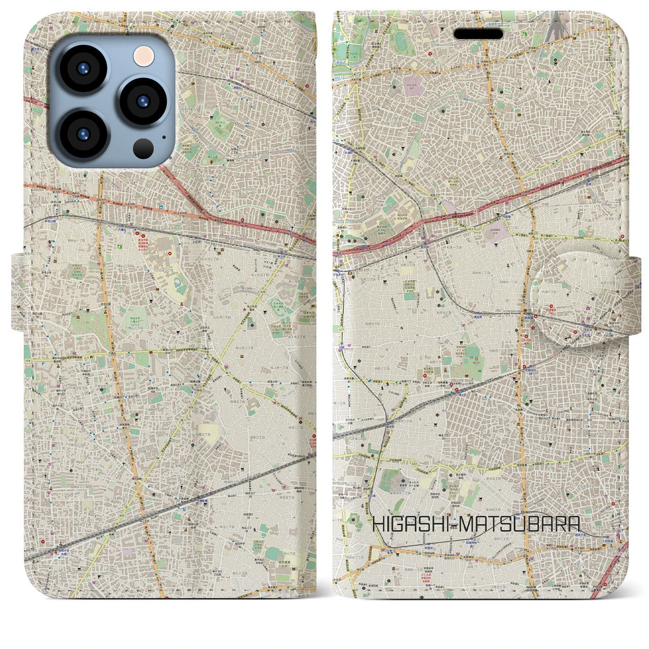 【東松原】地図柄iPhoneケース（手帳両面タイプ・ナチュラル）iPhone 13 Pro Max 用
