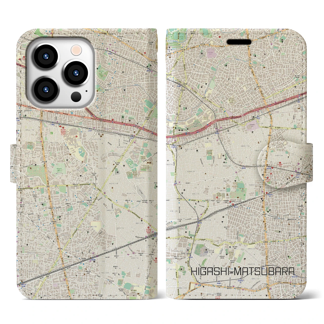 【東松原】地図柄iPhoneケース（手帳両面タイプ・ナチュラル）iPhone 13 Pro 用