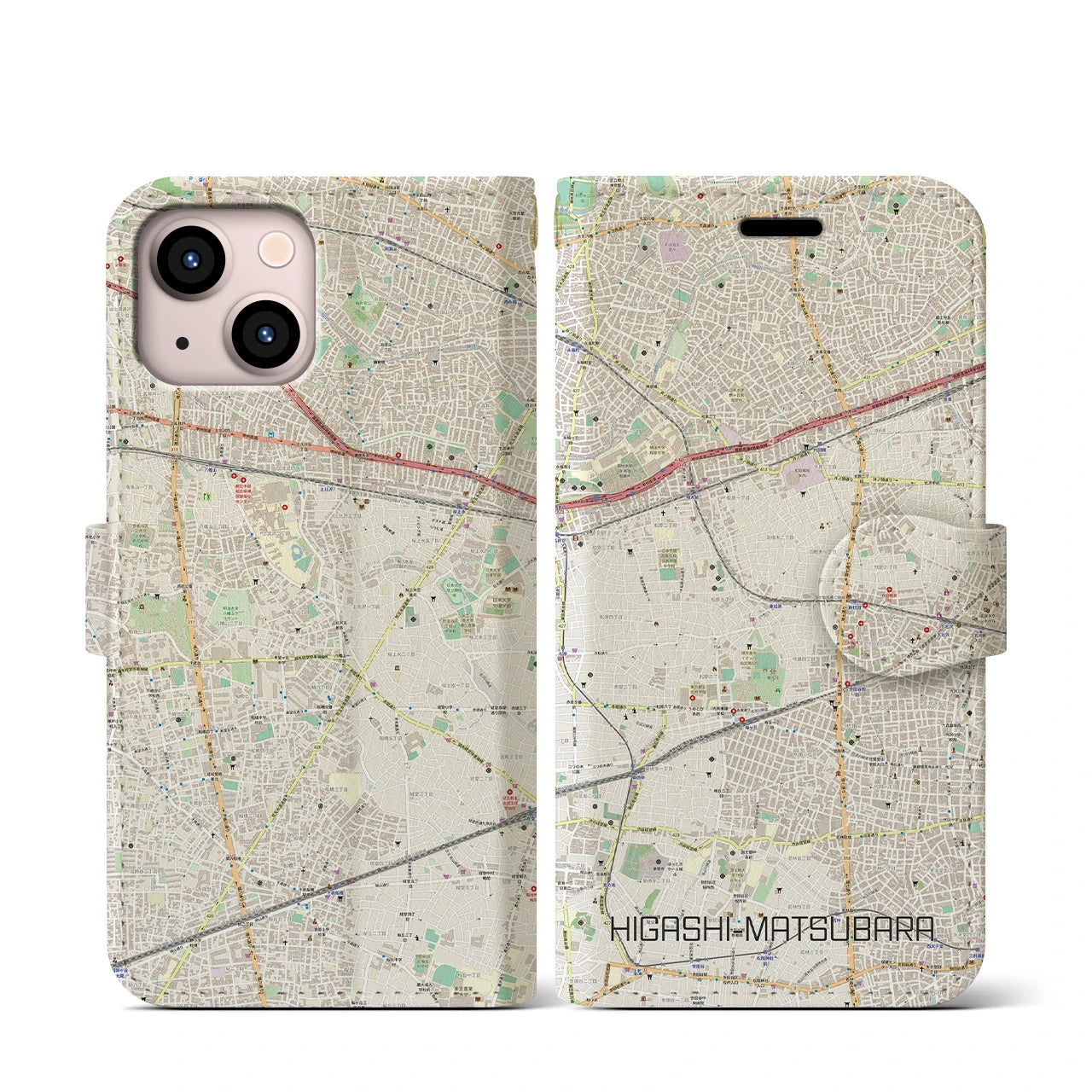 【東松原】地図柄iPhoneケース（手帳両面タイプ・ナチュラル）iPhone 13 mini 用