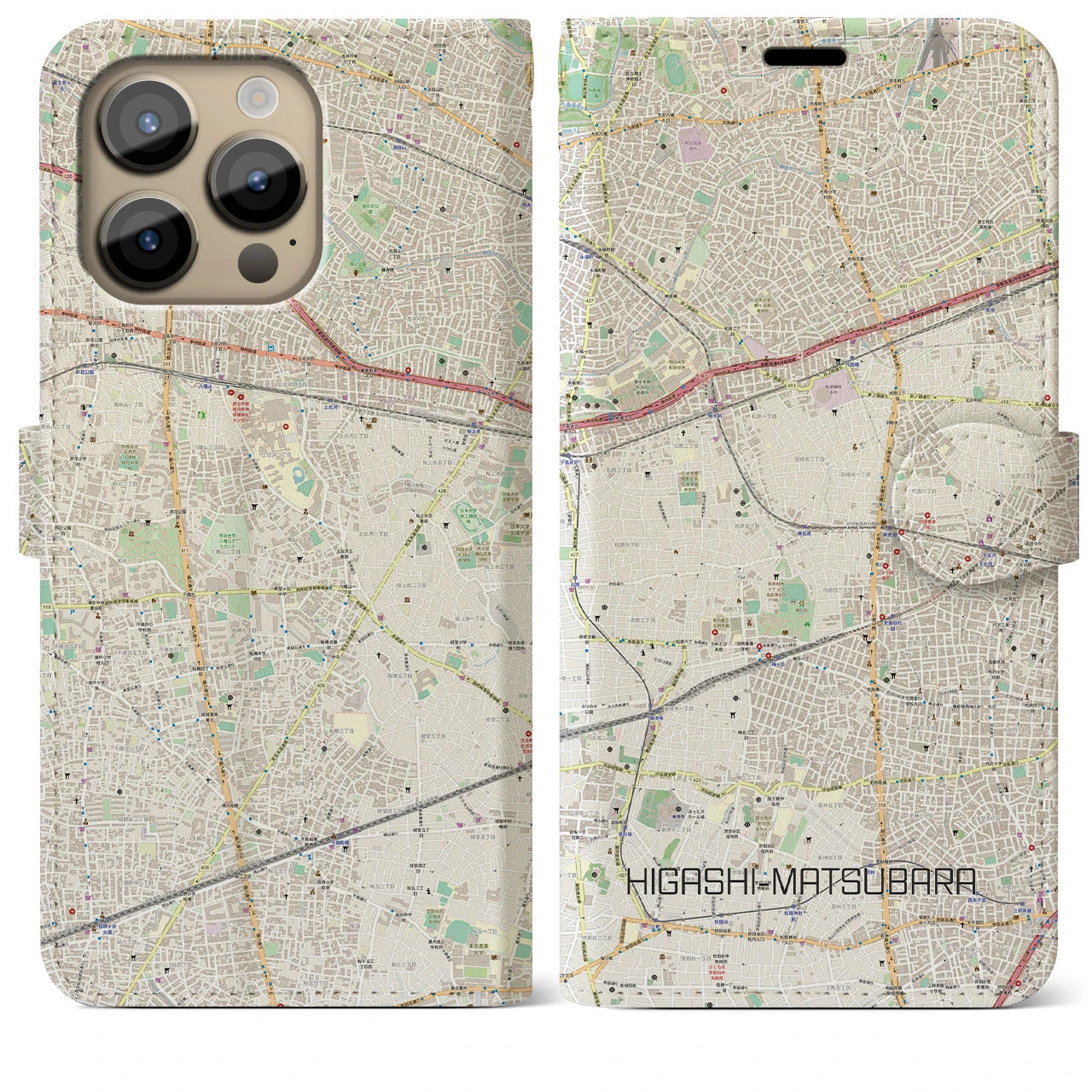 【東松原】地図柄iPhoneケース（手帳両面タイプ・ナチュラル）iPhone 14 Pro Max 用
