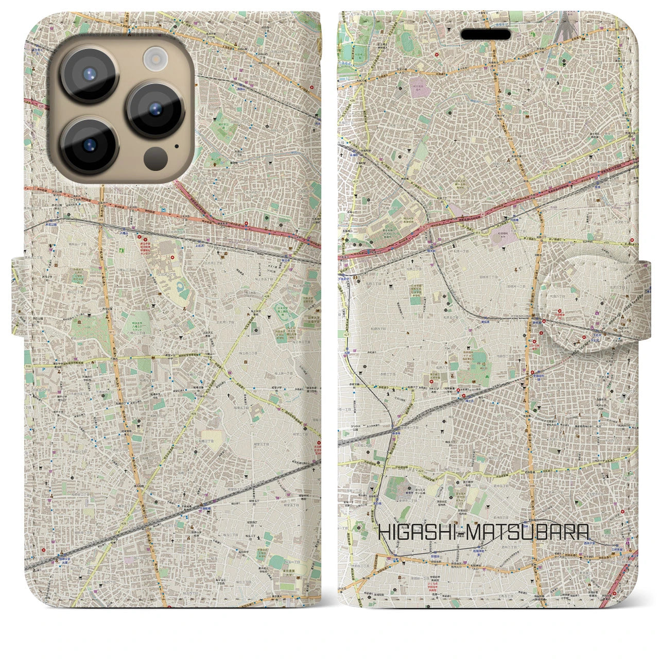 【東松原（東京都）】地図柄iPhoneケース（手帳タイプ）ナチュラル・iPhone 14 Pro Max 用
