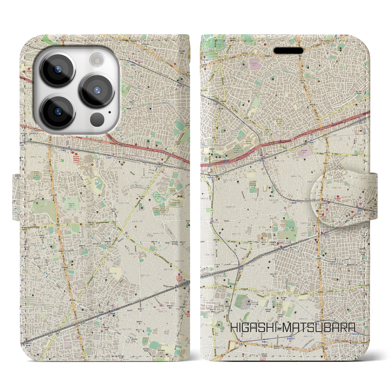 【東松原】地図柄iPhoneケース（手帳両面タイプ・ナチュラル）iPhone 14 Pro 用