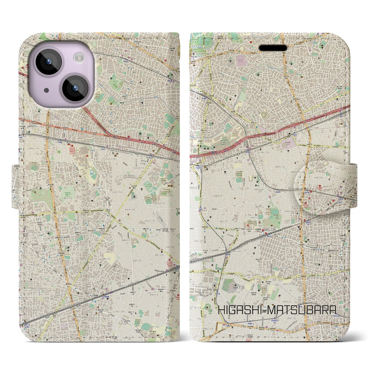 【東松原】地図柄iPhoneケース（手帳両面タイプ・ナチュラル）iPhone 14 用