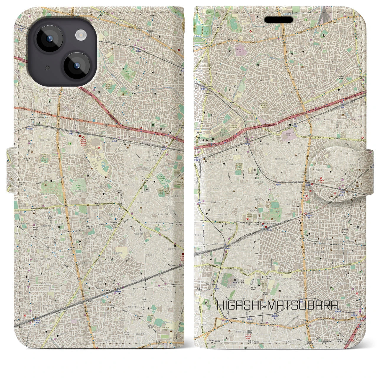 【東松原】地図柄iPhoneケース（手帳両面タイプ・ナチュラル）iPhone 14 Plus 用