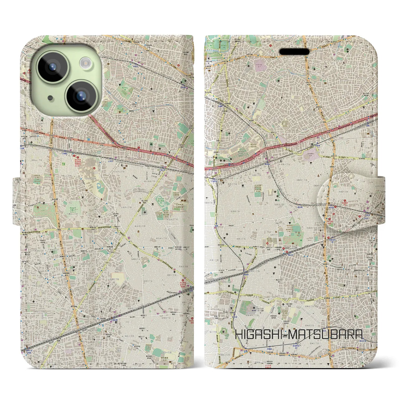 【東松原】地図柄iPhoneケース（手帳両面タイプ・ナチュラル）iPhone 15 用