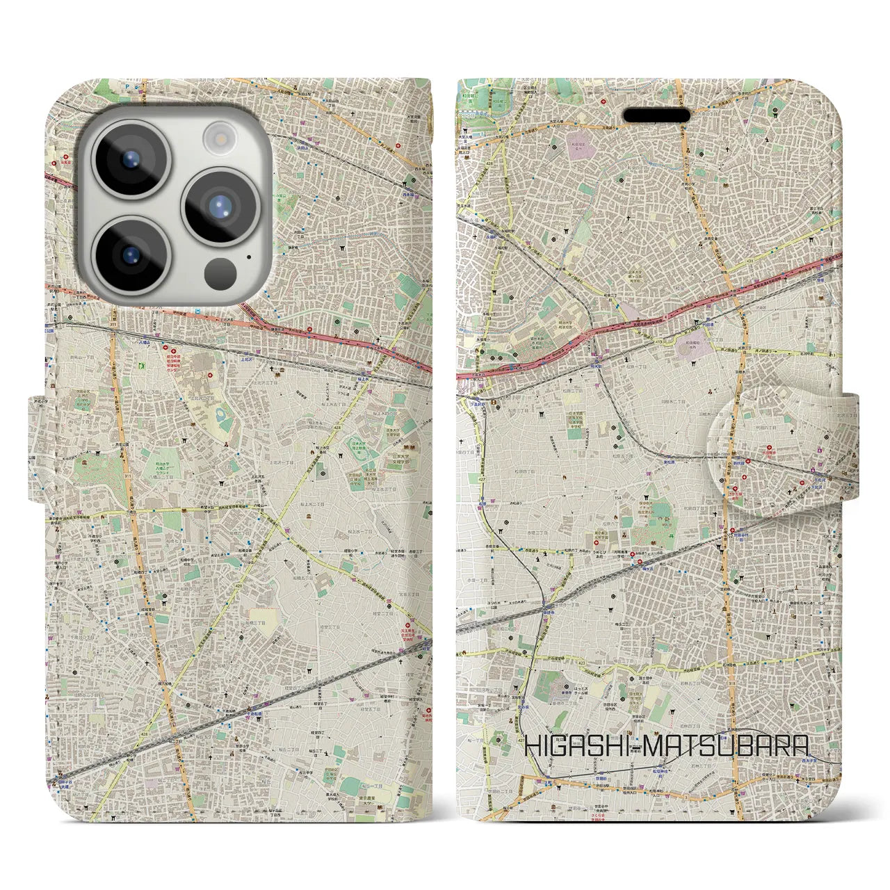 【東松原】地図柄iPhoneケース（手帳両面タイプ・ナチュラル）iPhone 15 Pro 用