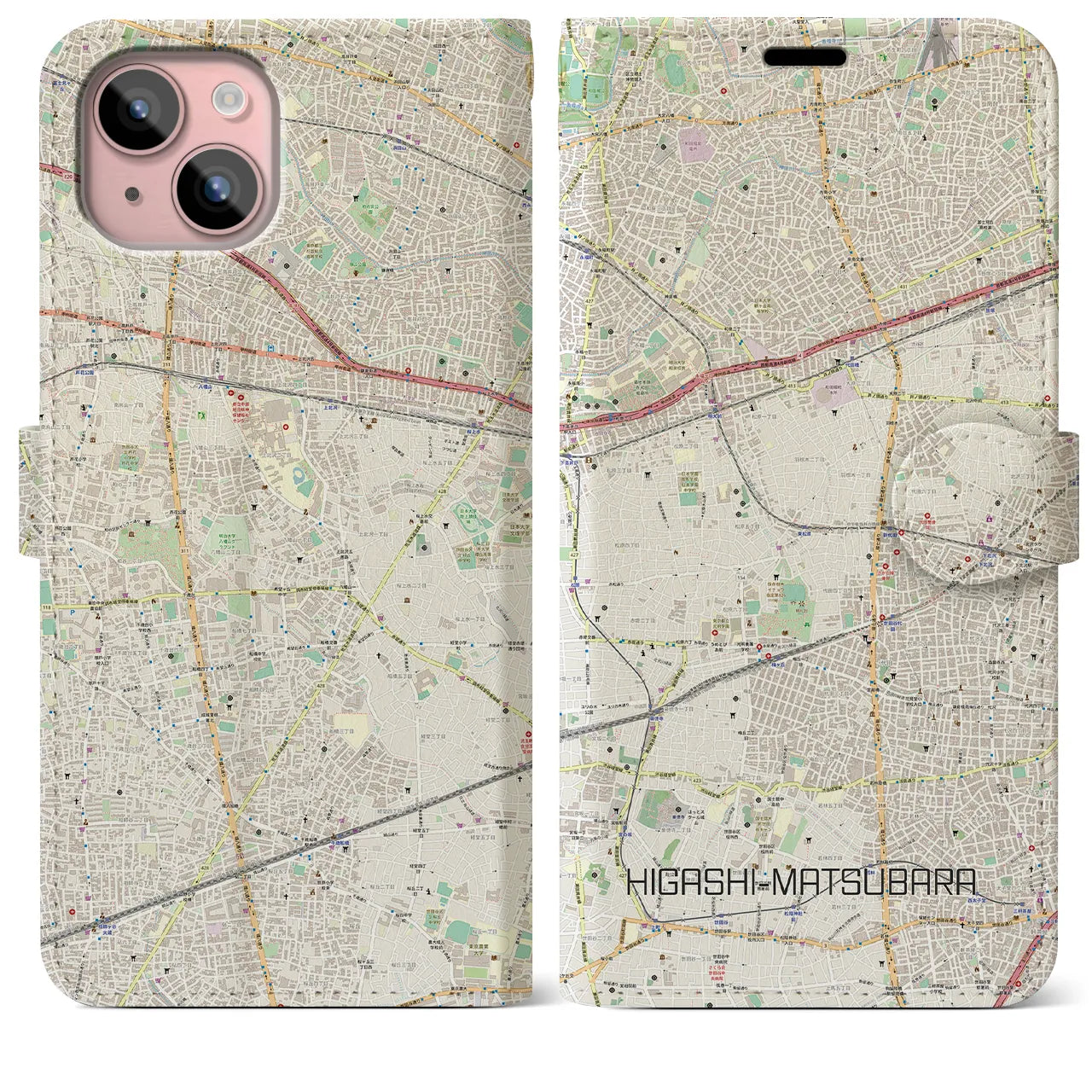 【東松原】地図柄iPhoneケース（手帳両面タイプ・ナチュラル）iPhone 15 Plus 用