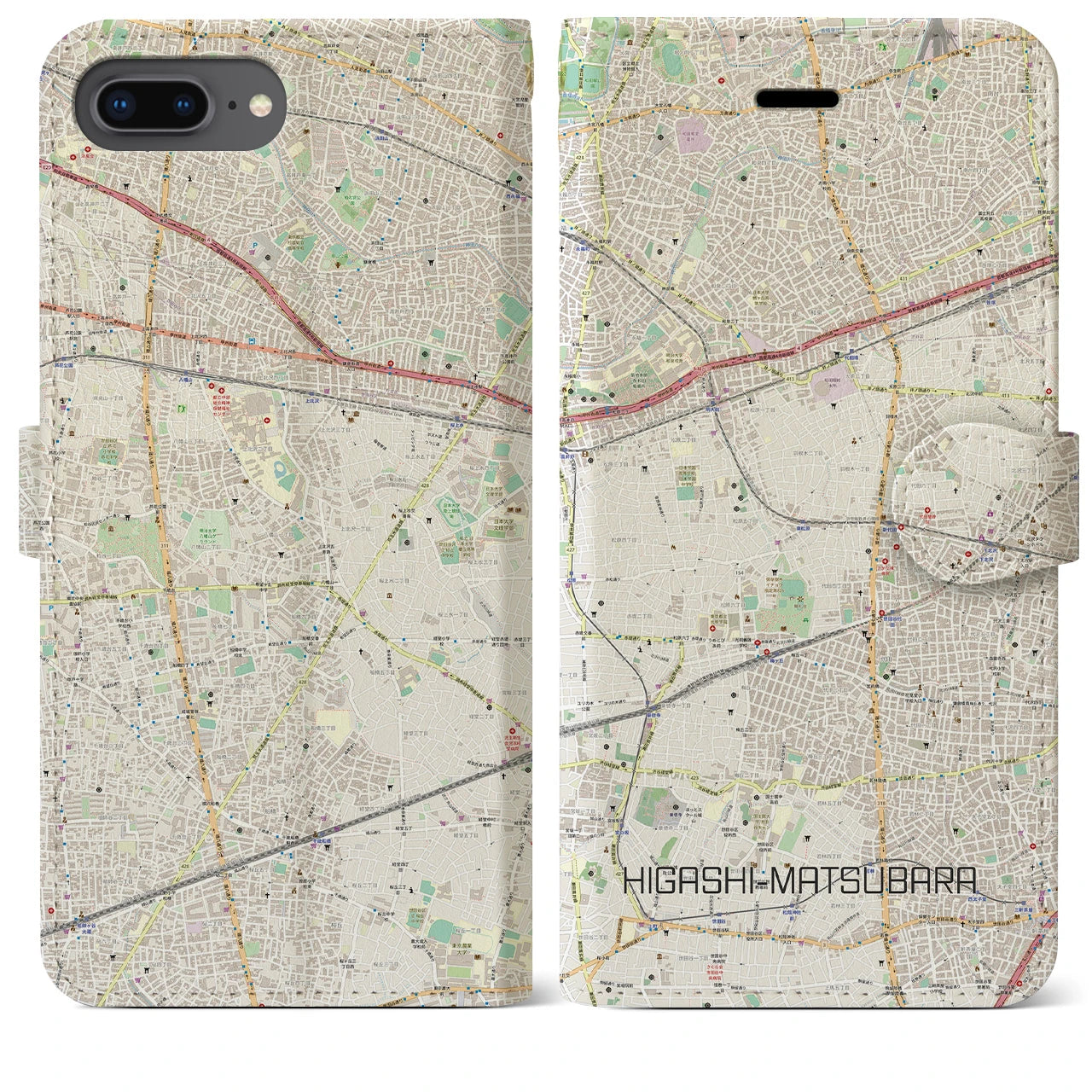【東松原】地図柄iPhoneケース（手帳両面タイプ・ナチュラル）iPhone 8Plus /7Plus / 6sPlus / 6Plus 用
