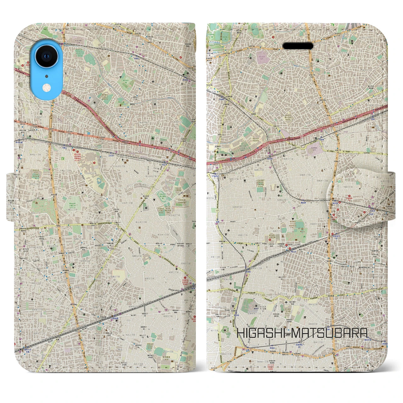 【東松原】地図柄iPhoneケース（手帳両面タイプ・ナチュラル）iPhone XR 用