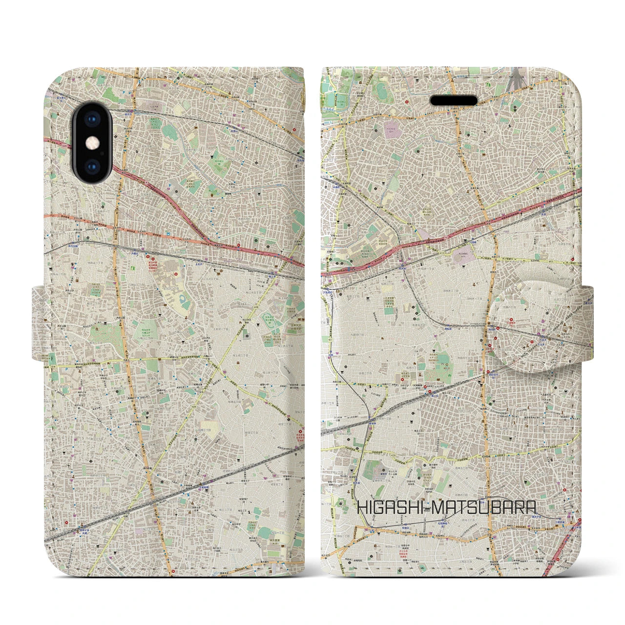 【東松原】地図柄iPhoneケース（手帳両面タイプ・ナチュラル）iPhone XS / X 用