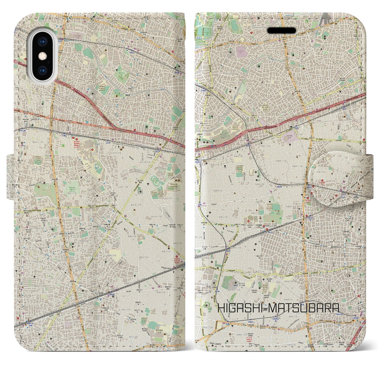 【東松原】地図柄iPhoneケース（手帳両面タイプ・ナチュラル）iPhone XS Max 用