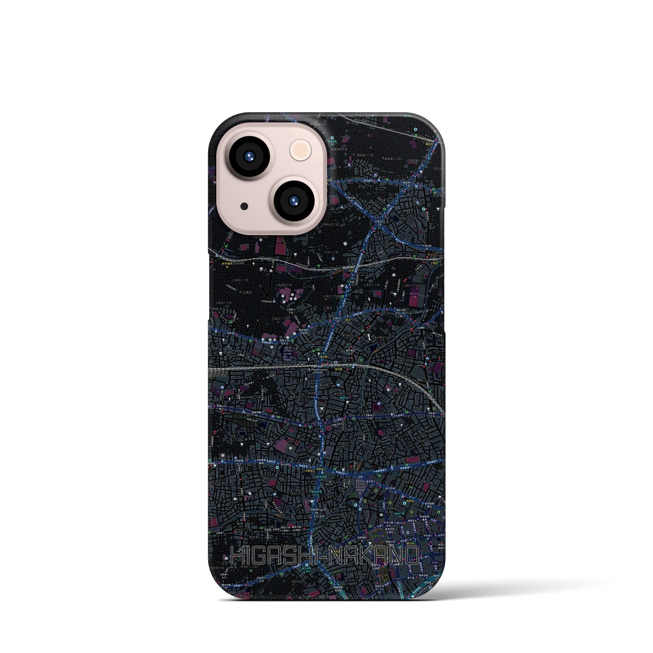 【東中野2】地図柄iPhoneケース（バックカバータイプ・ブラック）iPhone 13 mini 用