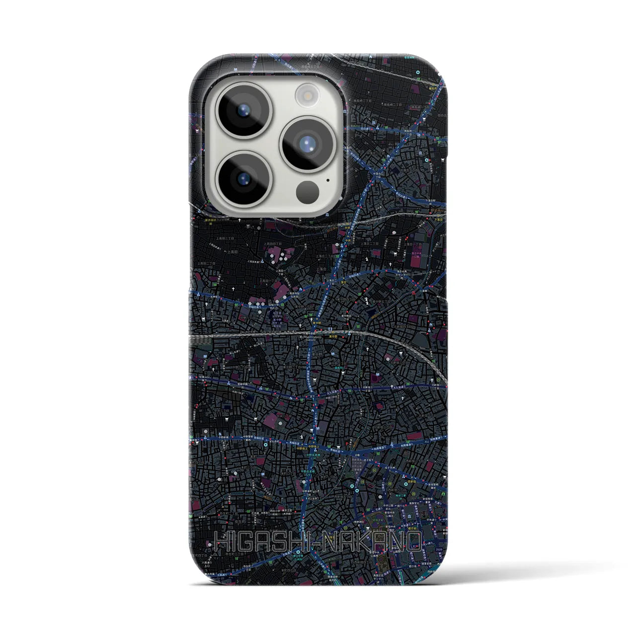 【東中野2】地図柄iPhoneケース（バックカバータイプ・ブラック）iPhone 15 Pro 用