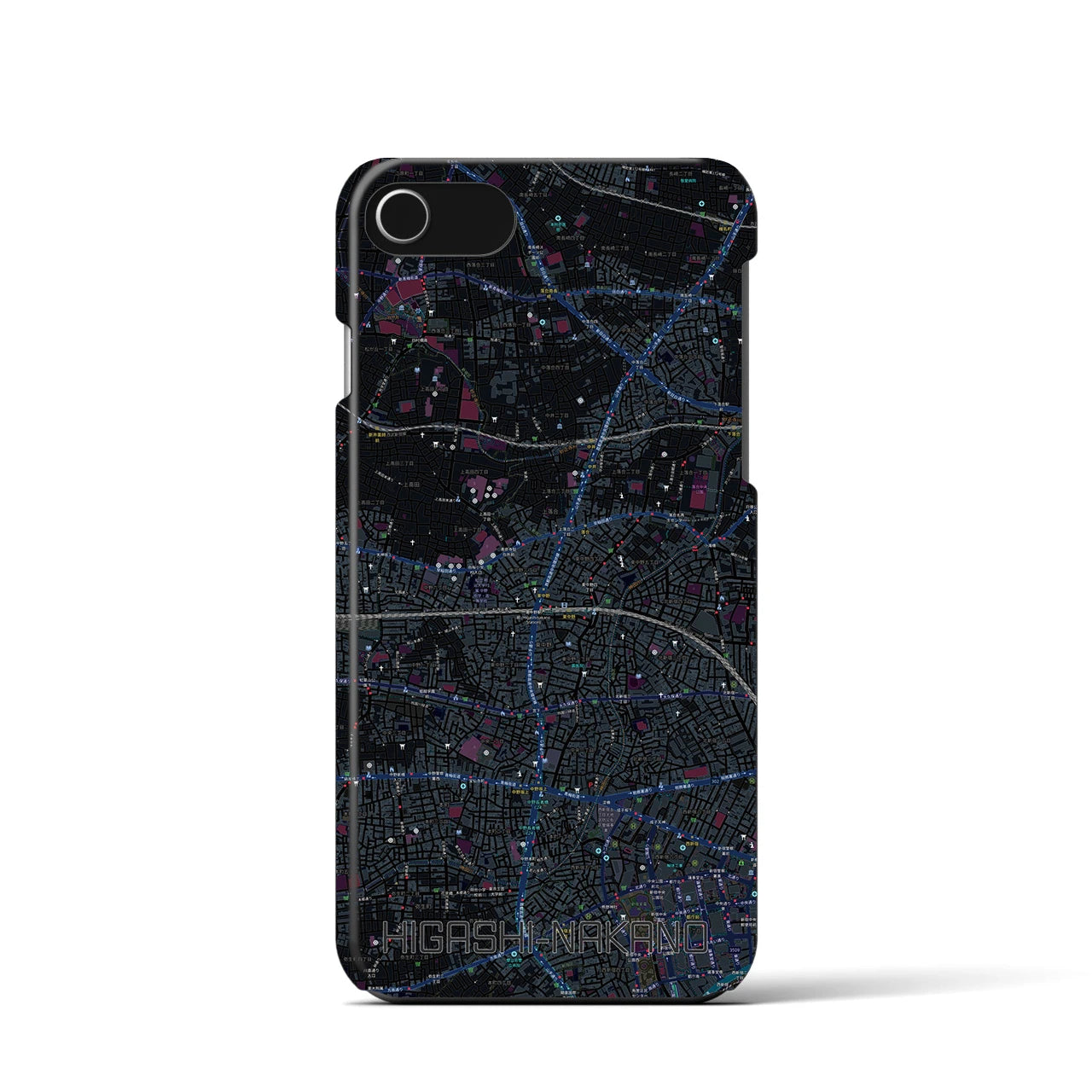 【東中野2】地図柄iPhoneケース（バックカバータイプ・ブラック）iPhone SE（第3 / 第2世代） / 8 / 7 / 6s / 6 用