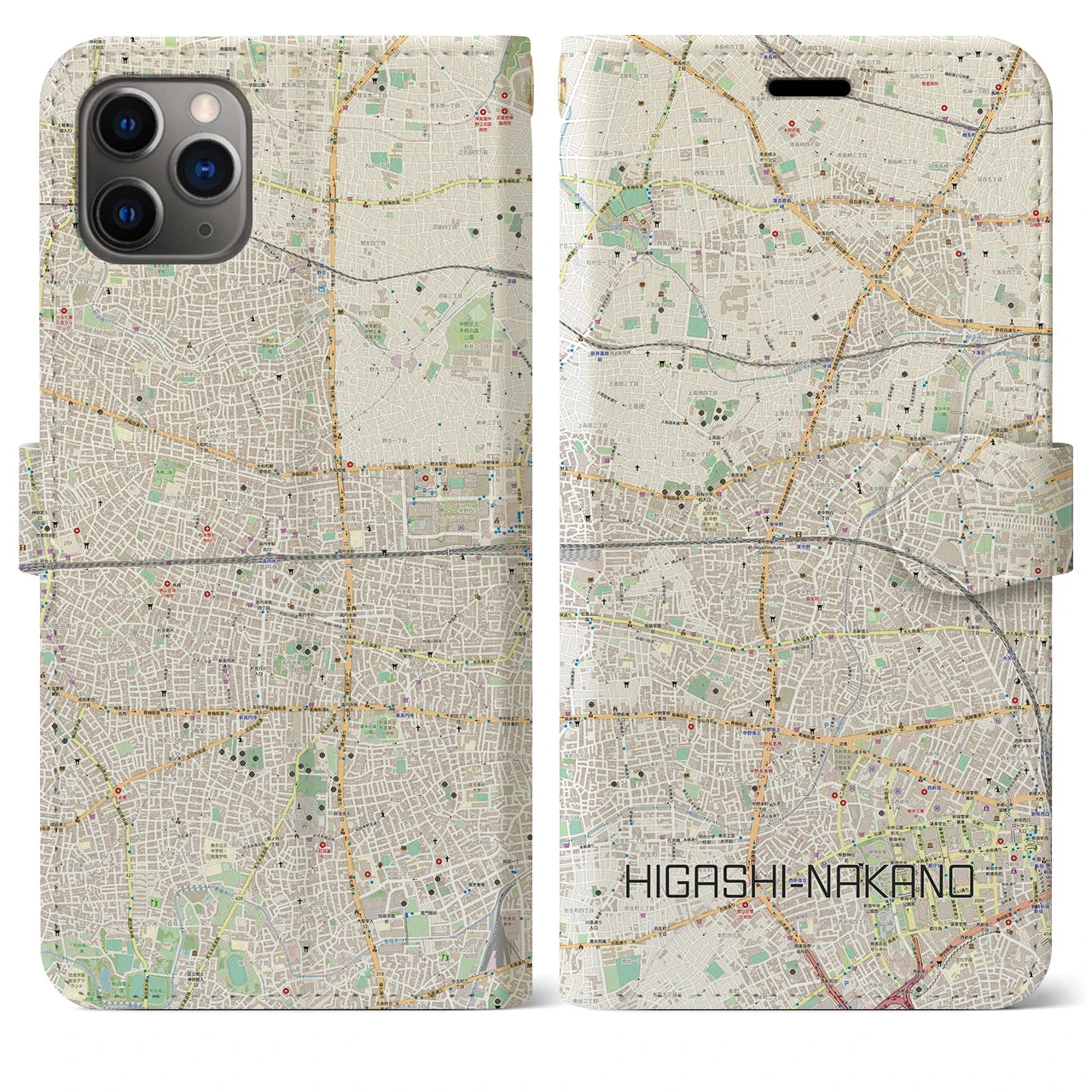 【東中野2】地図柄iPhoneケース（手帳両面タイプ・ナチュラル）iPhone 11 Pro Max 用