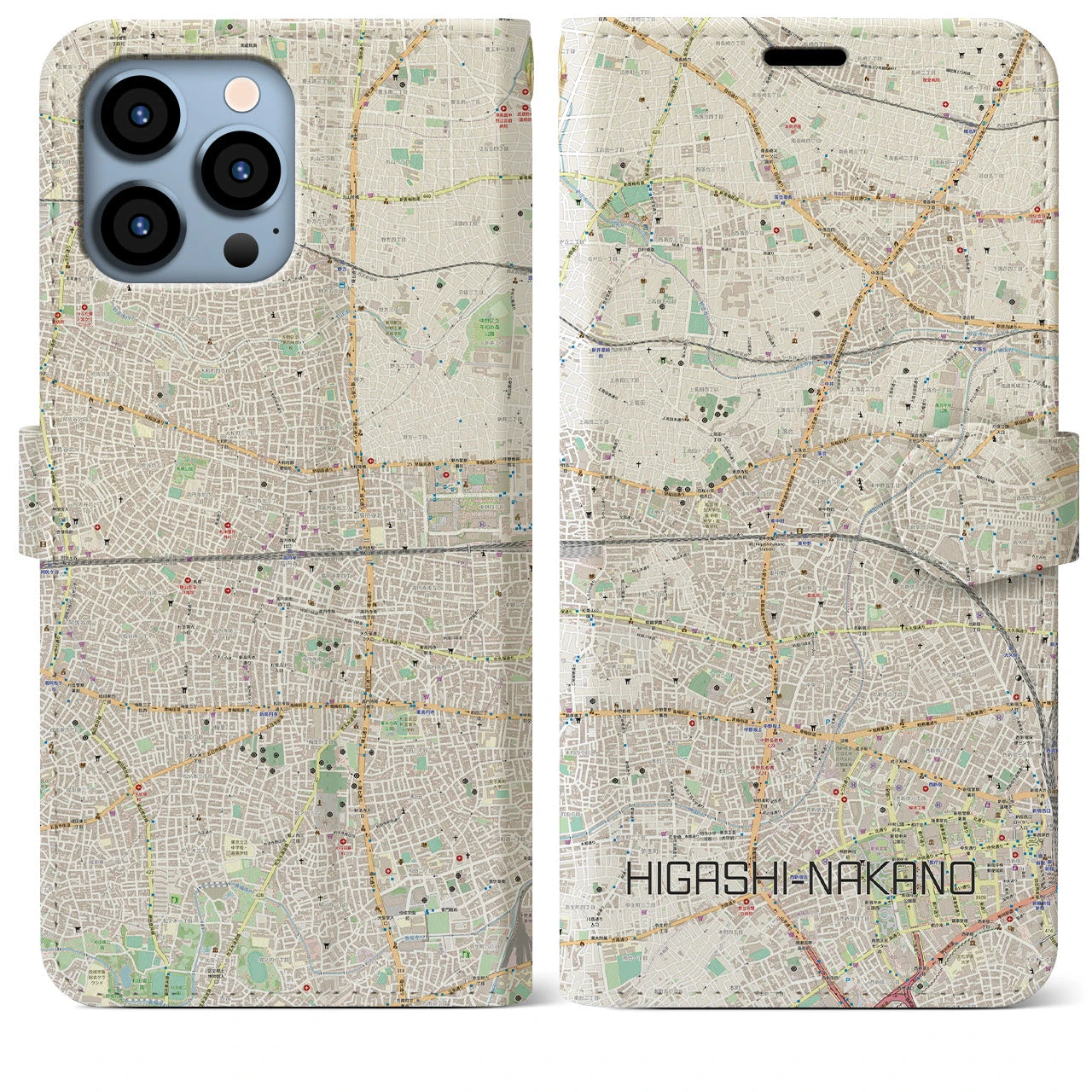 【東中野2】地図柄iPhoneケース（手帳両面タイプ・ナチュラル）iPhone 13 Pro Max 用