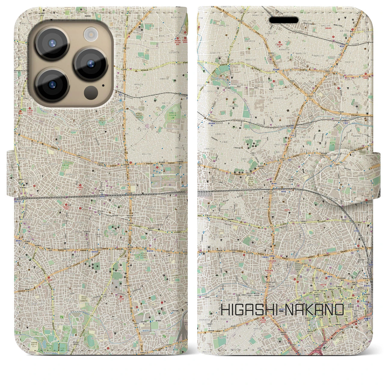 【東中野2】地図柄iPhoneケース（手帳両面タイプ・ナチュラル）iPhone 14 Pro Max 用
