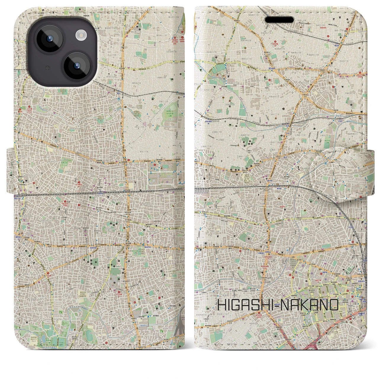 【東中野2】地図柄iPhoneケース（手帳両面タイプ・ナチュラル）iPhone 14 Plus 用