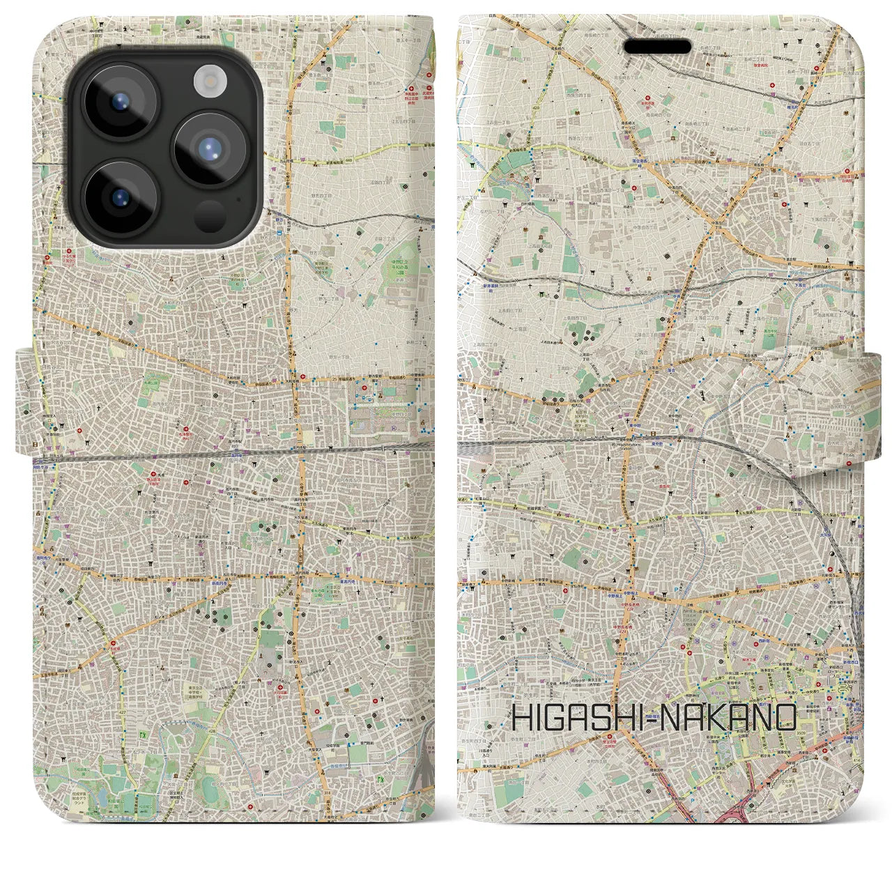 【東中野2】地図柄iPhoneケース（手帳両面タイプ・ナチュラル）iPhone 15 Pro Max 用