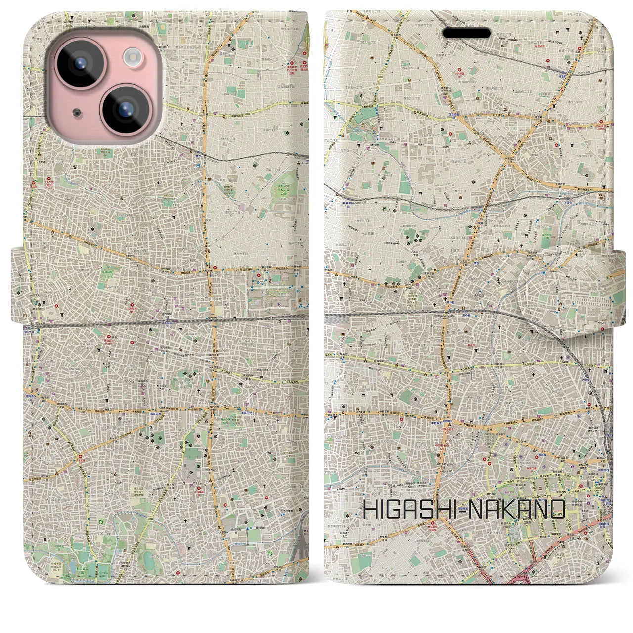 【東中野2】地図柄iPhoneケース（手帳両面タイプ・ナチュラル）iPhone 15 Plus 用