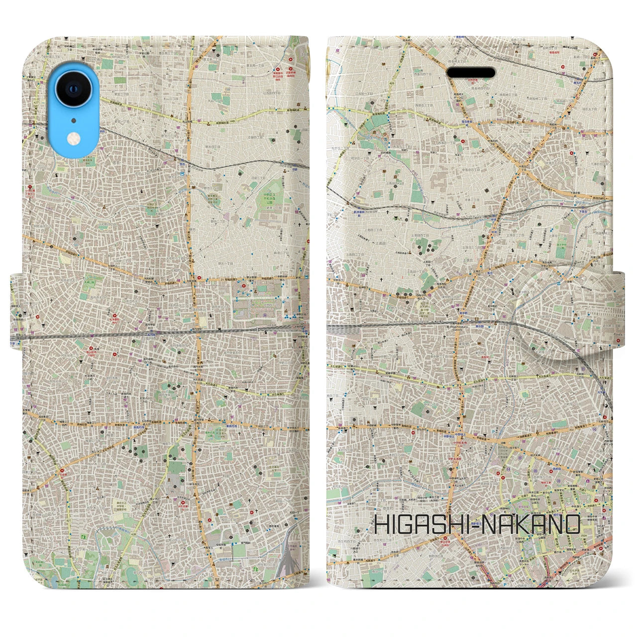 【東中野2】地図柄iPhoneケース（手帳両面タイプ・ナチュラル）iPhone XR 用