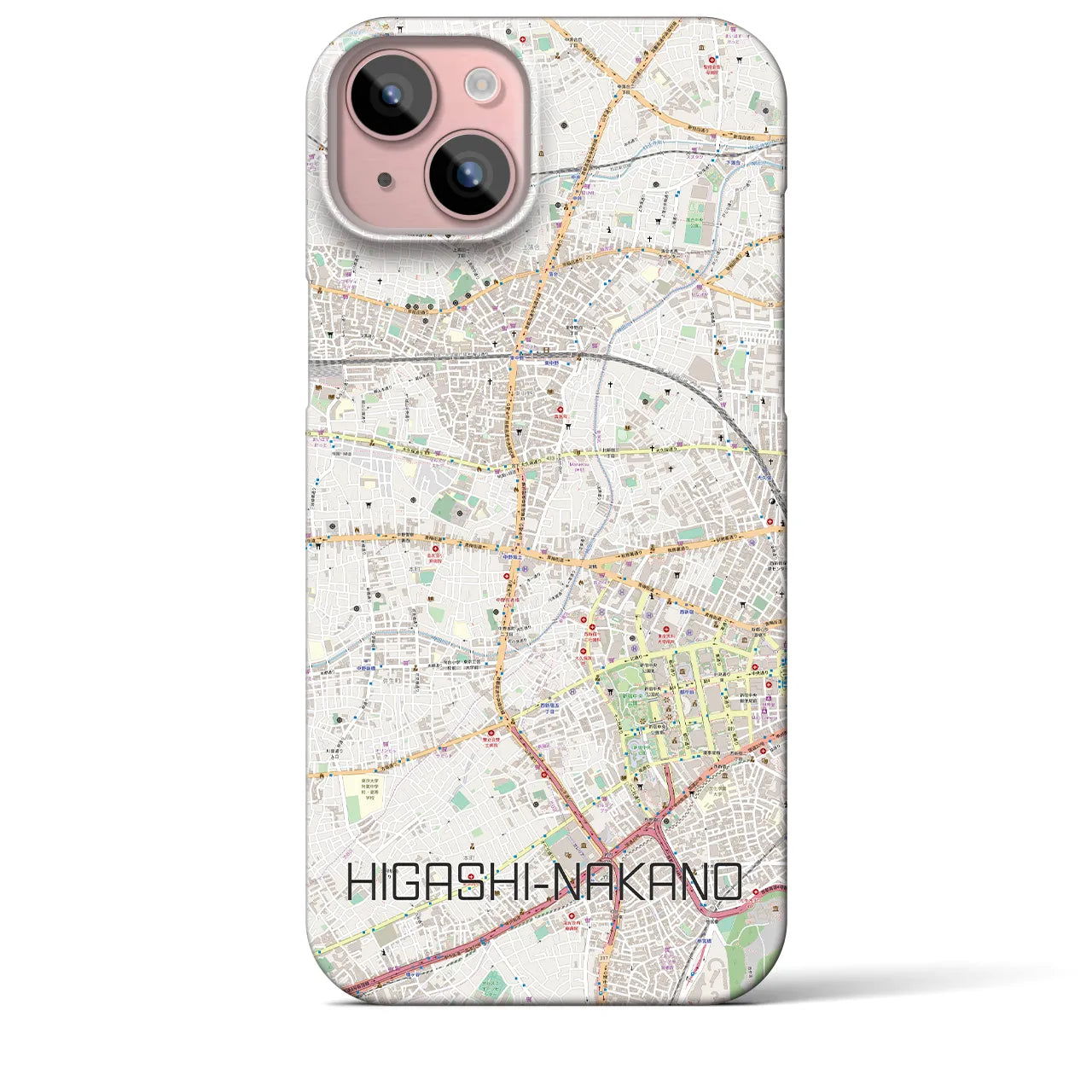 【東中野】地図柄iPhoneケース（バックカバータイプ・ナチュラル）iPhone 15 Plus 用
