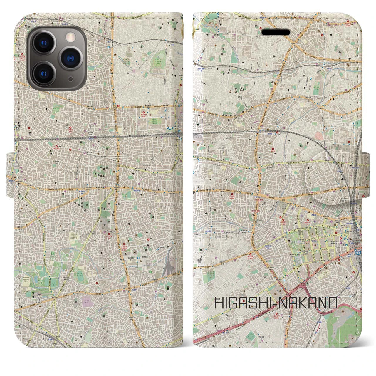 【東中野】地図柄iPhoneケース（手帳両面タイプ・ナチュラル）iPhone 11 Pro Max 用