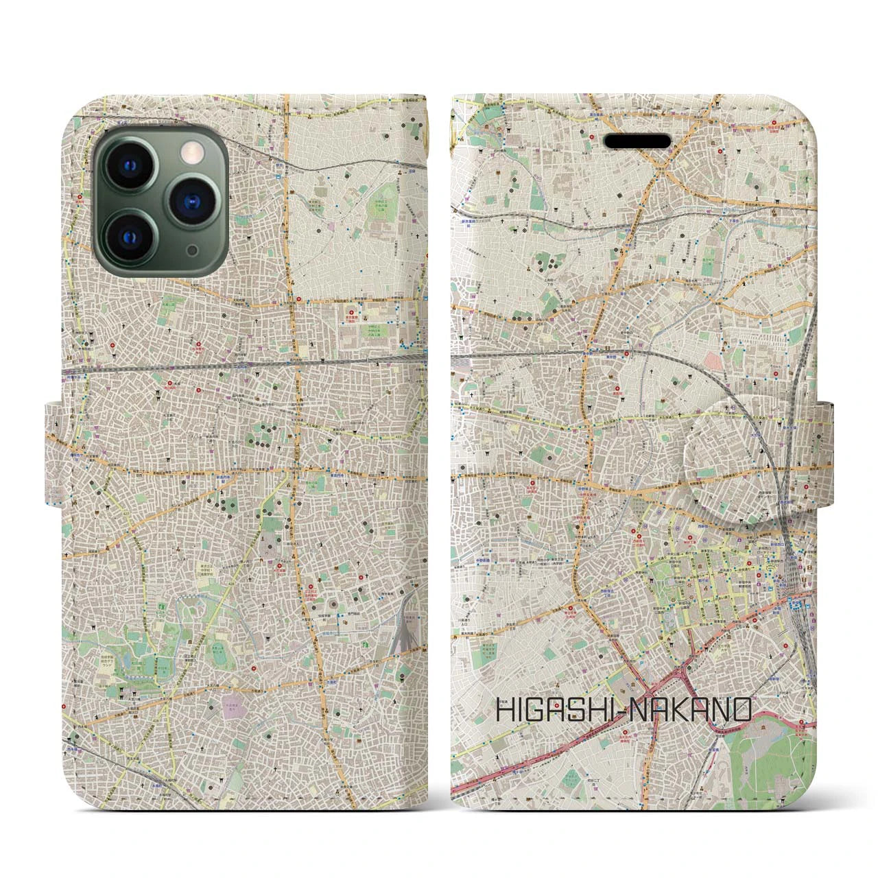 【東中野】地図柄iPhoneケース（手帳両面タイプ・ナチュラル）iPhone 11 Pro 用