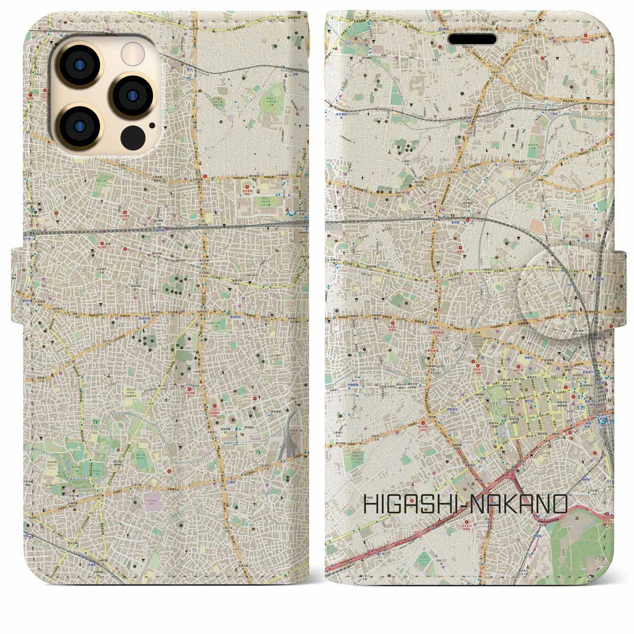 【東中野】地図柄iPhoneケース（手帳両面タイプ・ナチュラル）iPhone 12 Pro Max 用