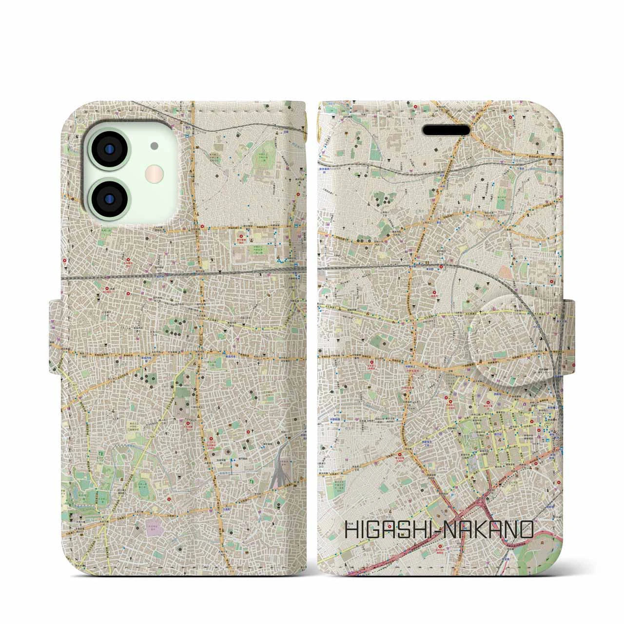 【東中野】地図柄iPhoneケース（手帳両面タイプ・ナチュラル）iPhone 12 mini 用