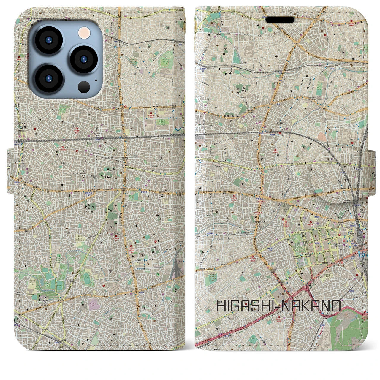 【東中野】地図柄iPhoneケース（手帳両面タイプ・ナチュラル）iPhone 13 Pro Max 用
