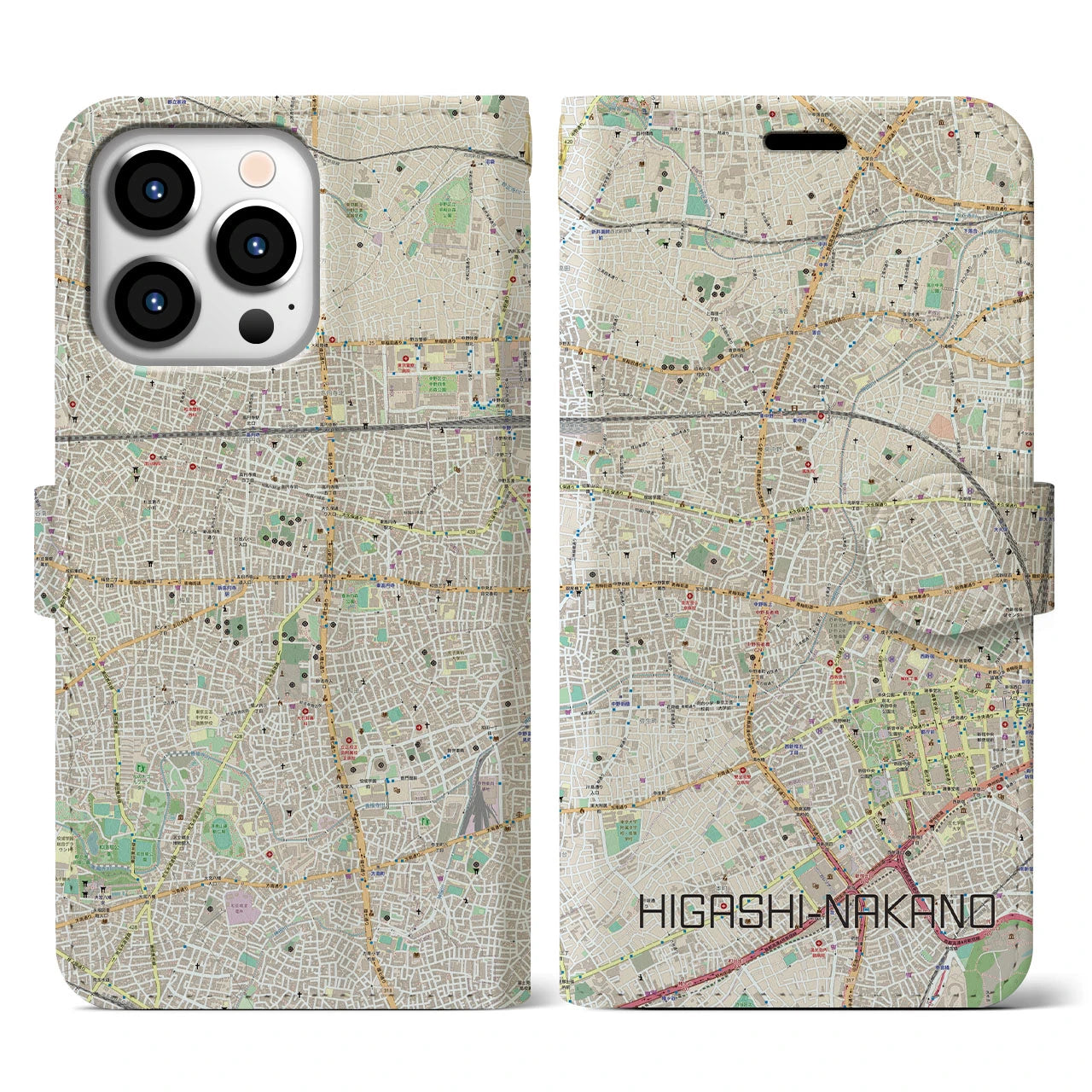 【東中野】地図柄iPhoneケース（手帳両面タイプ・ナチュラル）iPhone 13 Pro 用