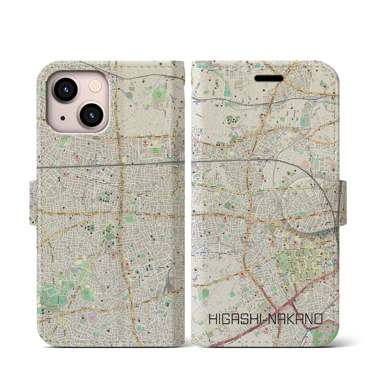 【東中野】地図柄iPhoneケース（手帳両面タイプ・ナチュラル）iPhone 13 mini 用