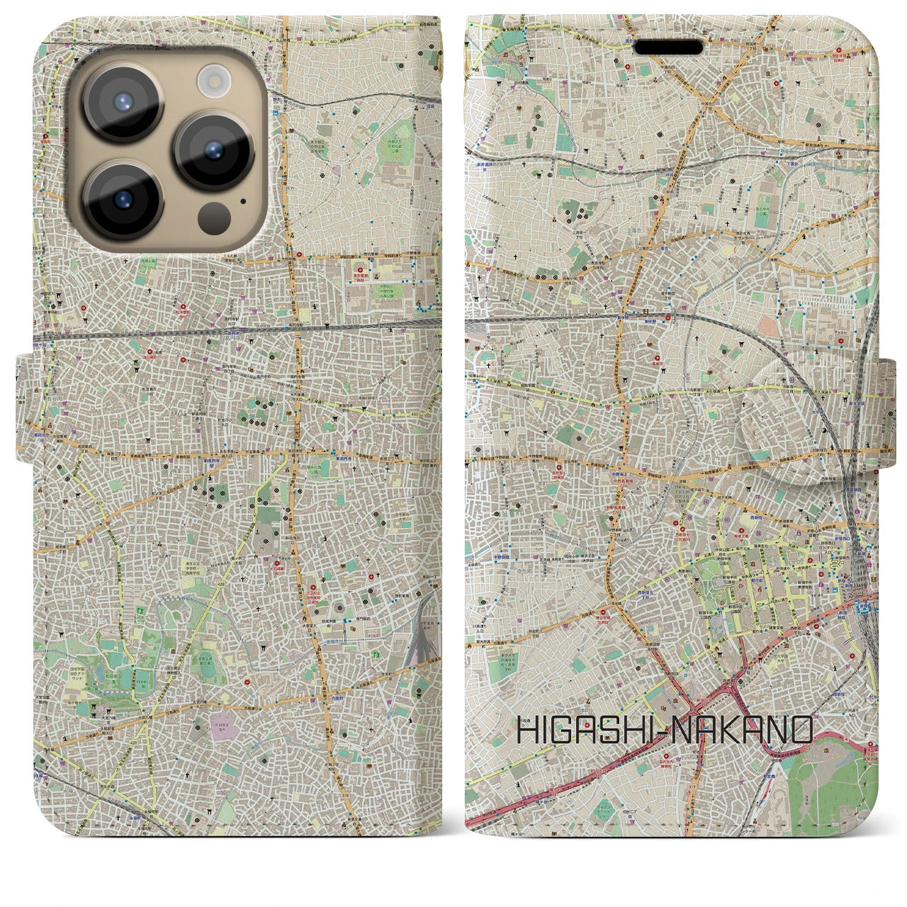 【東中野】地図柄iPhoneケース（手帳両面タイプ・ナチュラル）iPhone 14 Pro Max 用