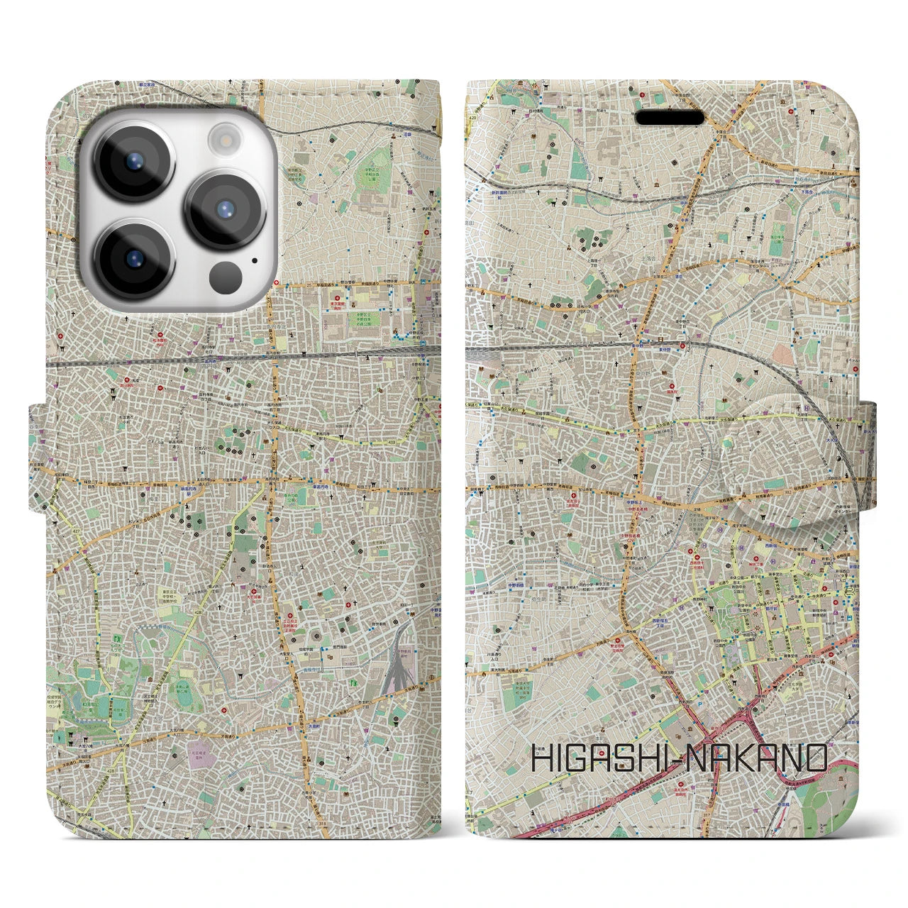 【東中野】地図柄iPhoneケース（手帳両面タイプ・ナチュラル）iPhone 14 Pro 用