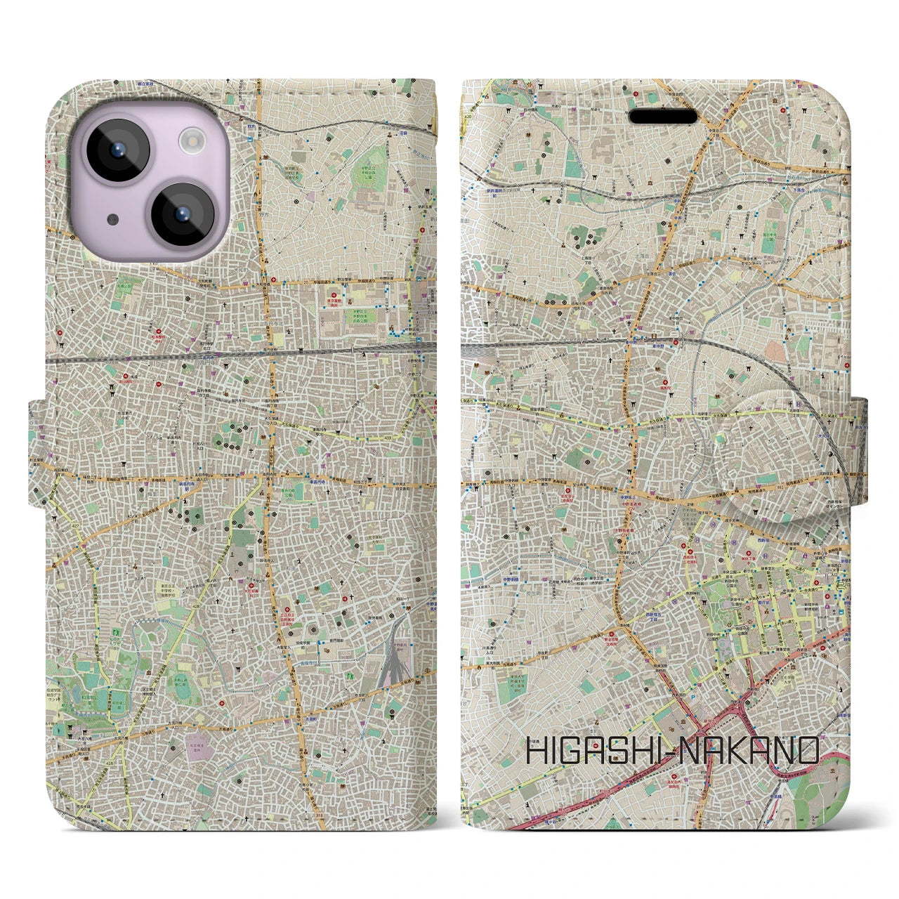 【東中野】地図柄iPhoneケース（手帳両面タイプ・ナチュラル）iPhone 14 用