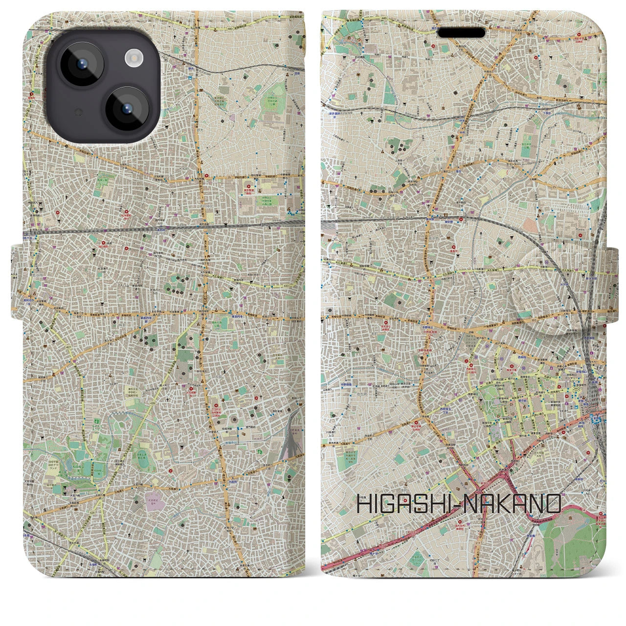 【東中野】地図柄iPhoneケース（手帳両面タイプ・ナチュラル）iPhone 14 Plus 用