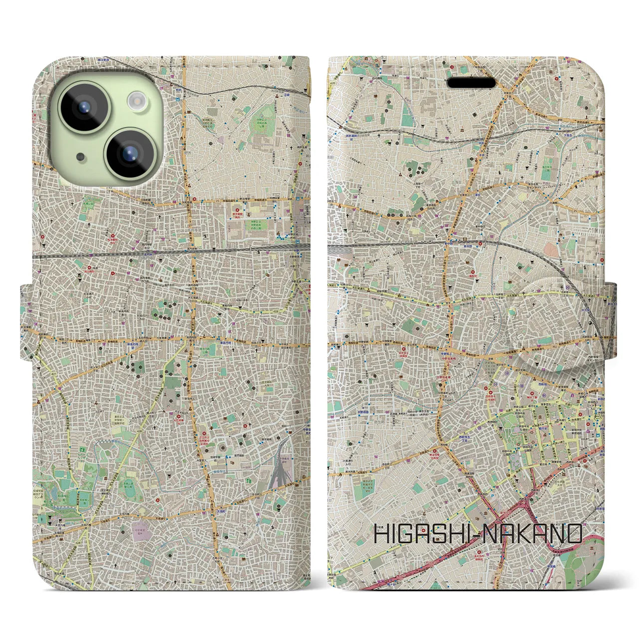 【東中野】地図柄iPhoneケース（手帳両面タイプ・ナチュラル）iPhone 15 用