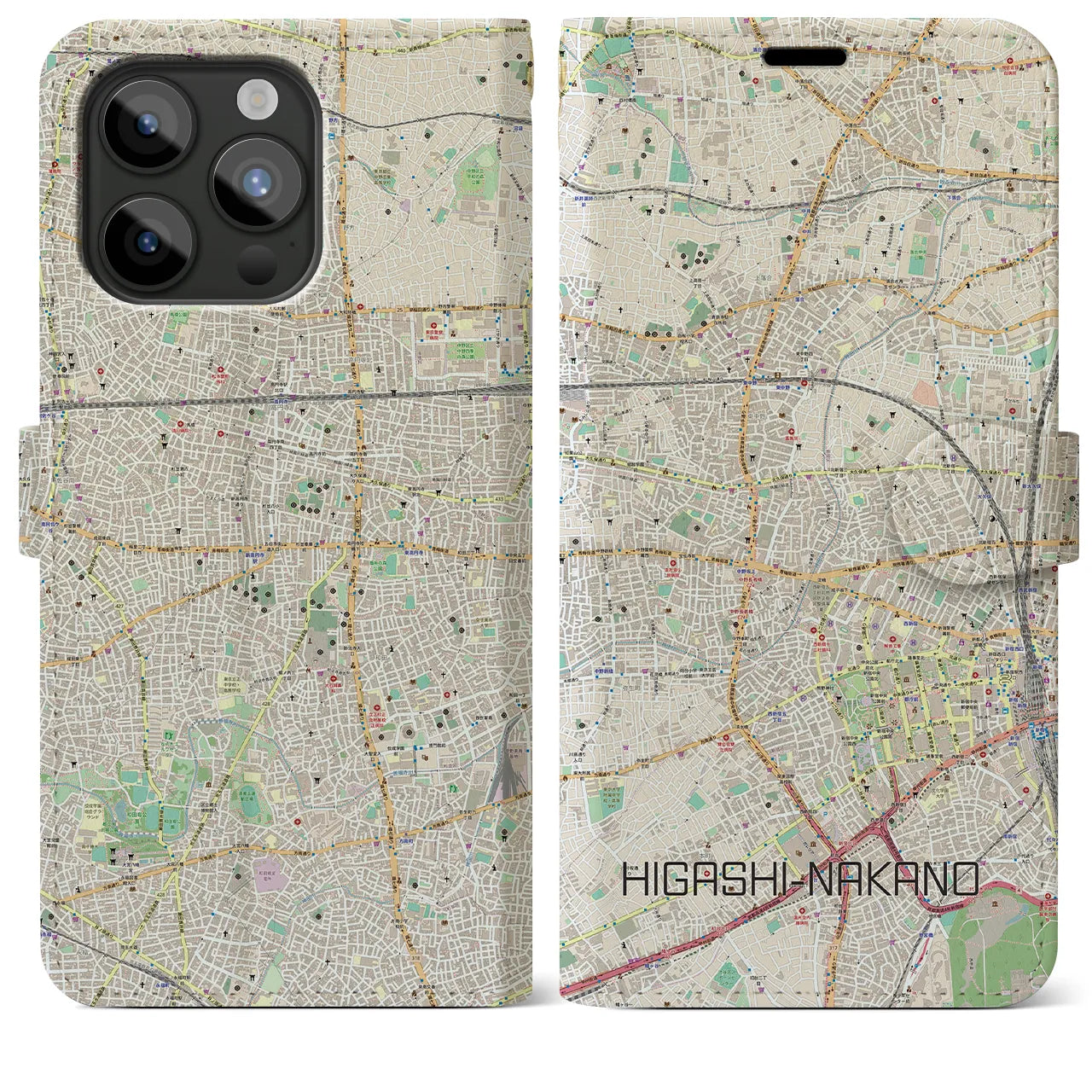 【東中野】地図柄iPhoneケース（手帳両面タイプ・ナチュラル）iPhone 15 Pro Max 用