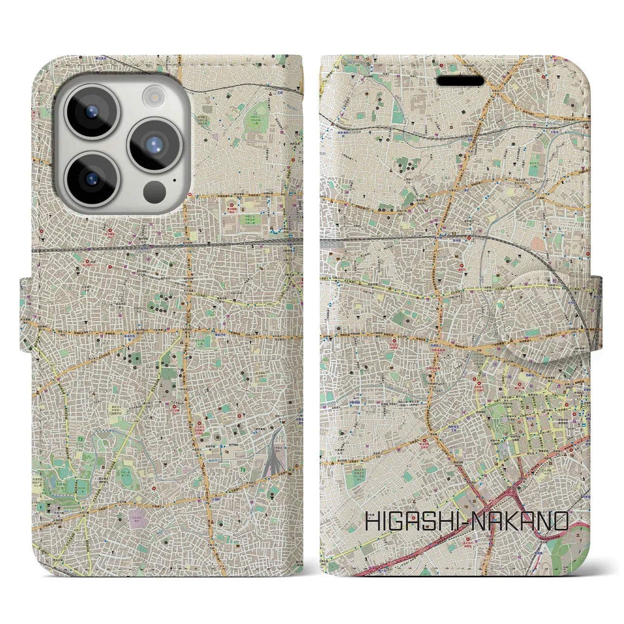 【東中野】地図柄iPhoneケース（手帳両面タイプ・ナチュラル）iPhone 15 Pro 用