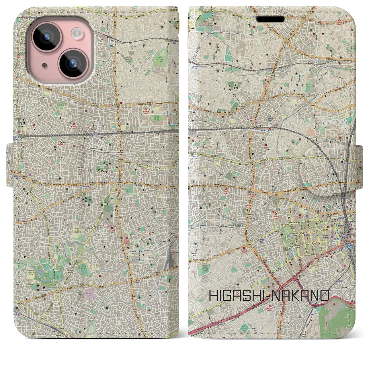 【東中野】地図柄iPhoneケース（手帳両面タイプ・ナチュラル）iPhone 15 Plus 用
